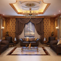 Klasiskās viesistabas dizains ar ģipškartona griestiem