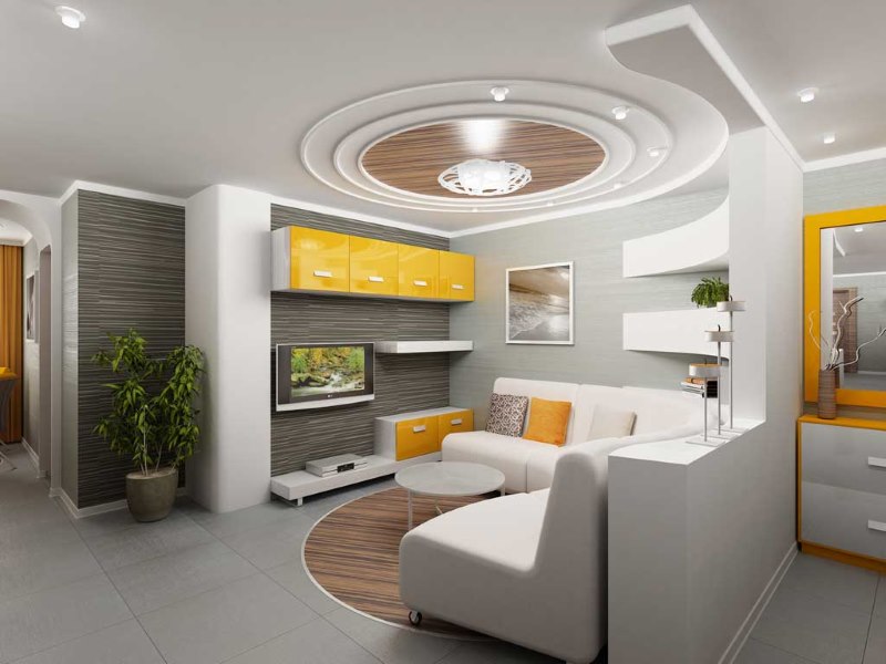 Неравномерен таван от гипсокартон в дизайна на хола