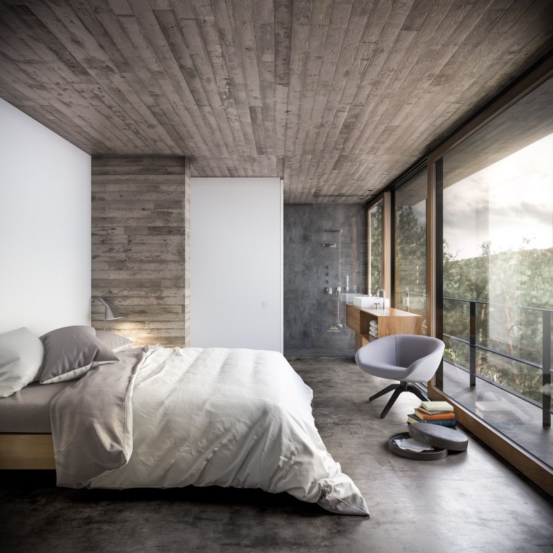 Bedroom interior with panoramic windows and wooden ceiling