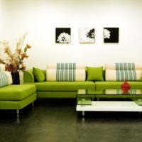 Green sofa in a room with white walls