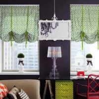 Black wall and green curtains
