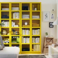 Bibliothèque avec étagères jaunes