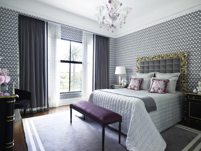 Dark curtains in a modernist style bedroom