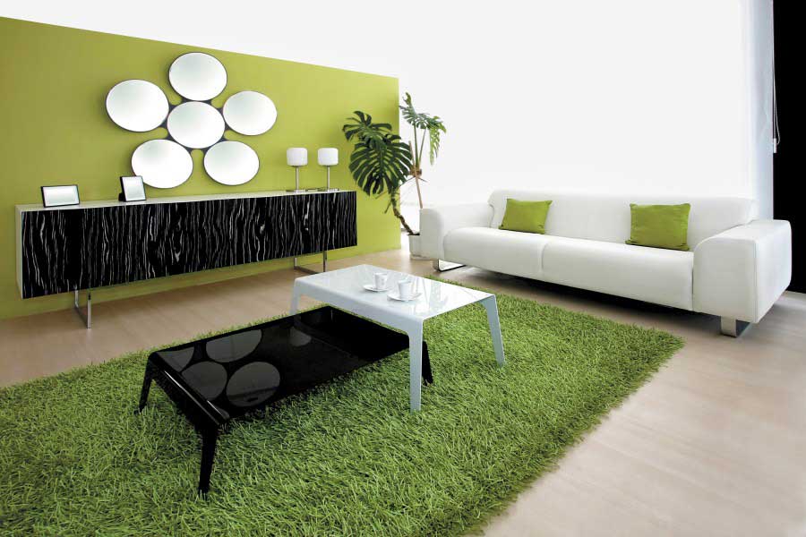 Minimalistinis žalias kilimas gyvenamojo kambario interjere