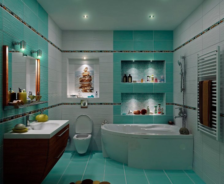 Turquoise tile in the interior of the combined bathroom