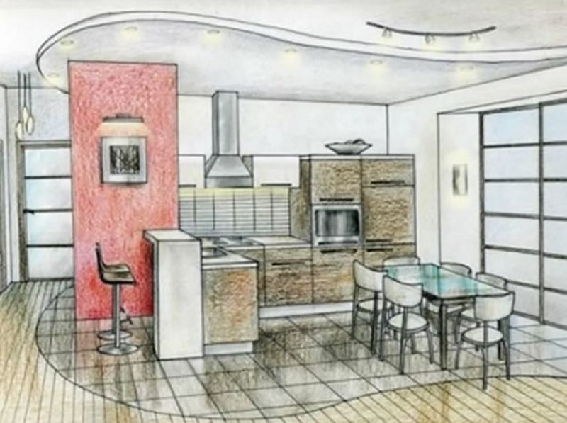 Drawing of a kitchen design with a corner set