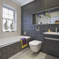Pilkai plytelėmis dekoruotas vonios kambario dizainas