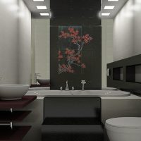 Sötét csempe keleti stílusú fürdőszobában