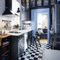 Gabbia in bianco e nero sul pavimento della cucina
