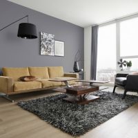 Pilka siena gyvenamajame kambaryje su minimaliu baldų kiekiu