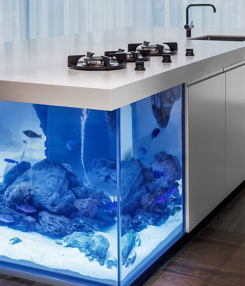 Aquarium intégré dans l'îlot de cuisine