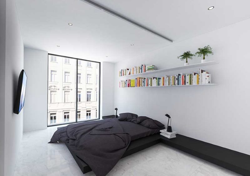 Large window to the floor in the white bedroom