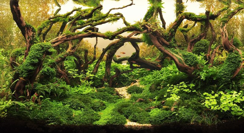 Décoration d'aquarium avec racines et algues