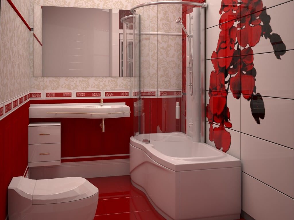 Piros csempe a WC-vel ellátott fürdőszoba falán és padlóján