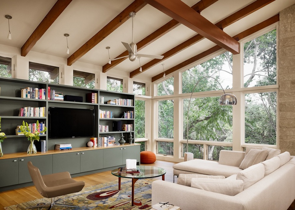 Living room interior with sloping ceiling