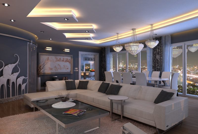 Living room ceiling with integrated lighting