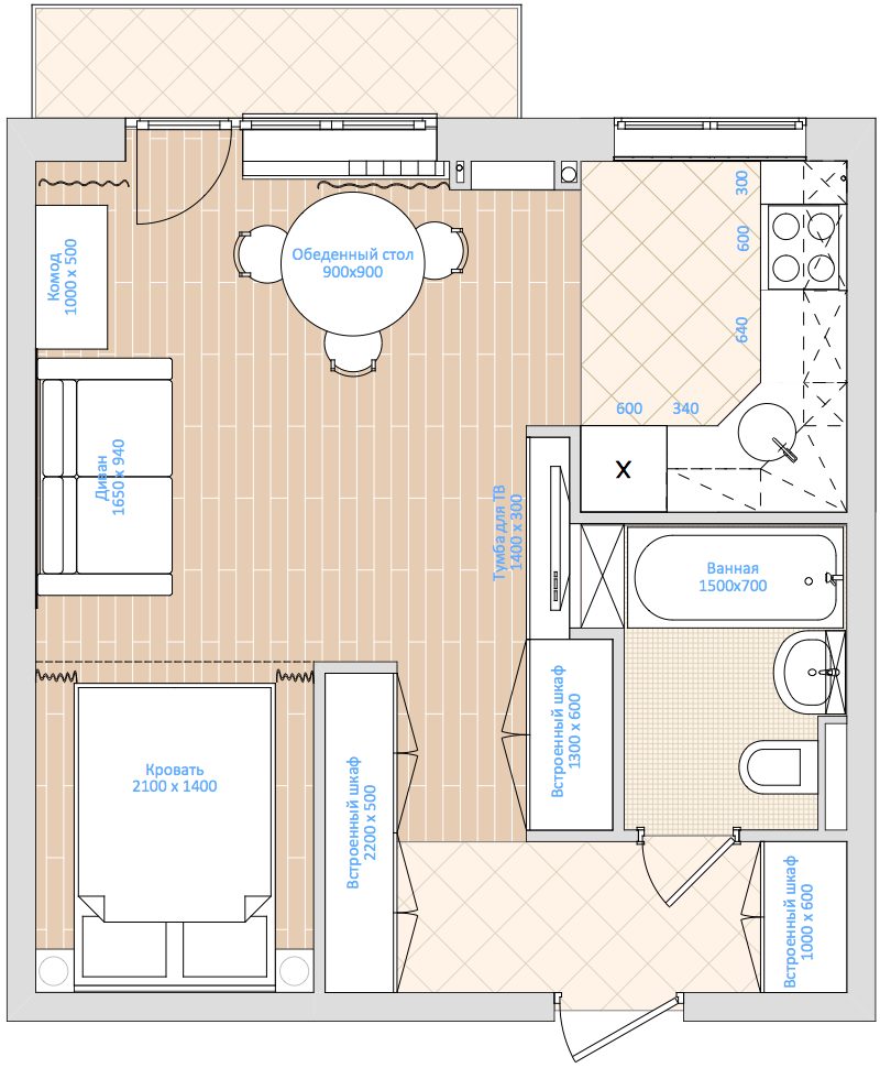 Il piano dell'appartamento con la disposizione di mobili ed elettrodomestici