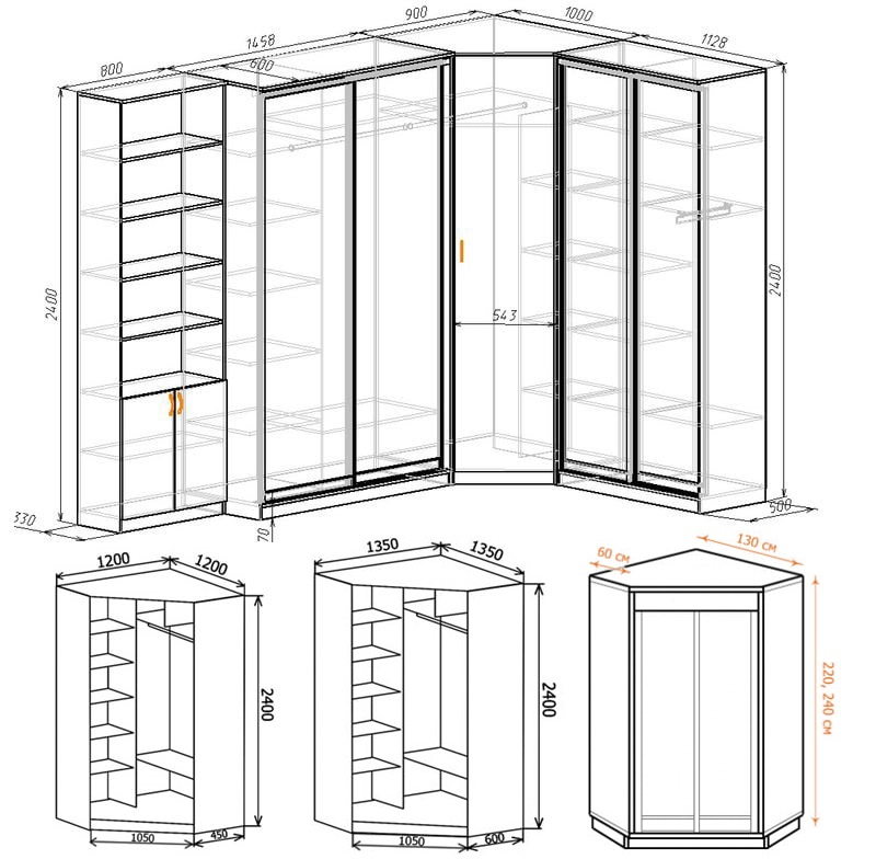 Диаграми на ъглови гардероби с размери