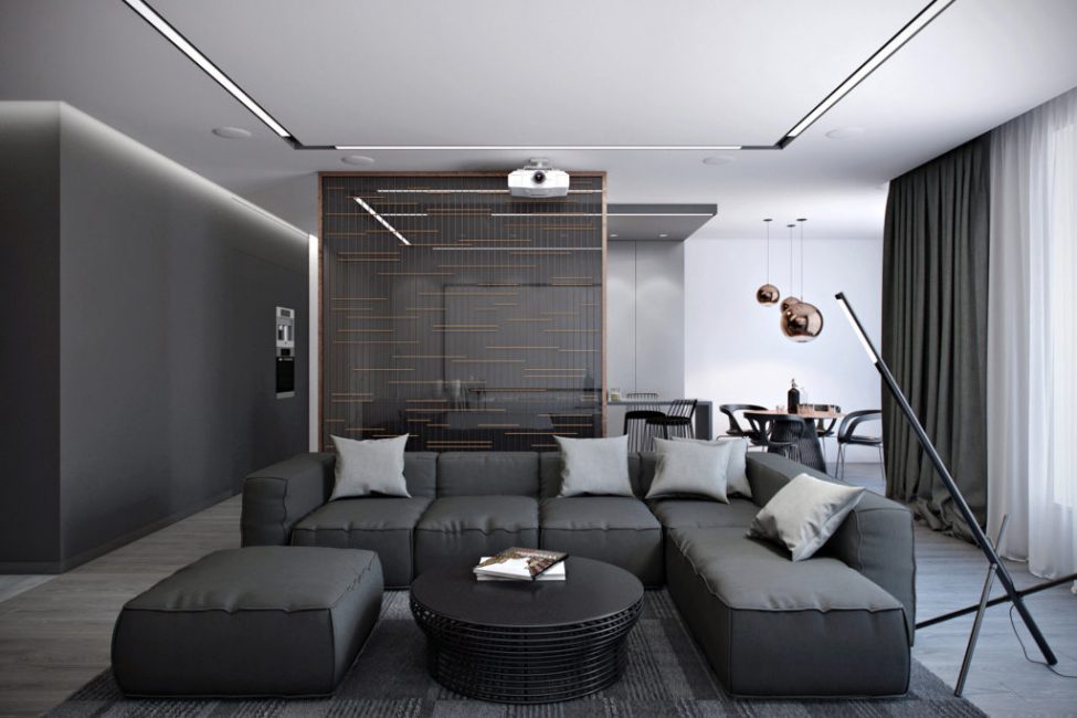 Kutna siva sofa u dvorani u stilu visoke tehnologije