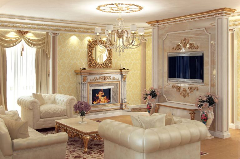 Elegantiški foteliai klasikinio stiliaus gyvenamajame kambaryje