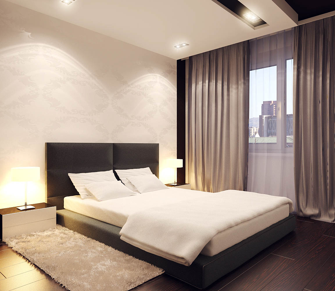 Tende dritte scure in una camera da letto in stile minimalista