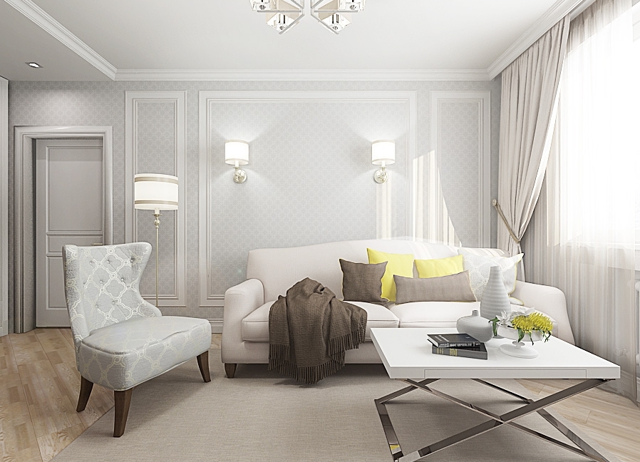 Dzīvojamās istabas dizains gaišos pasteļtoņos.