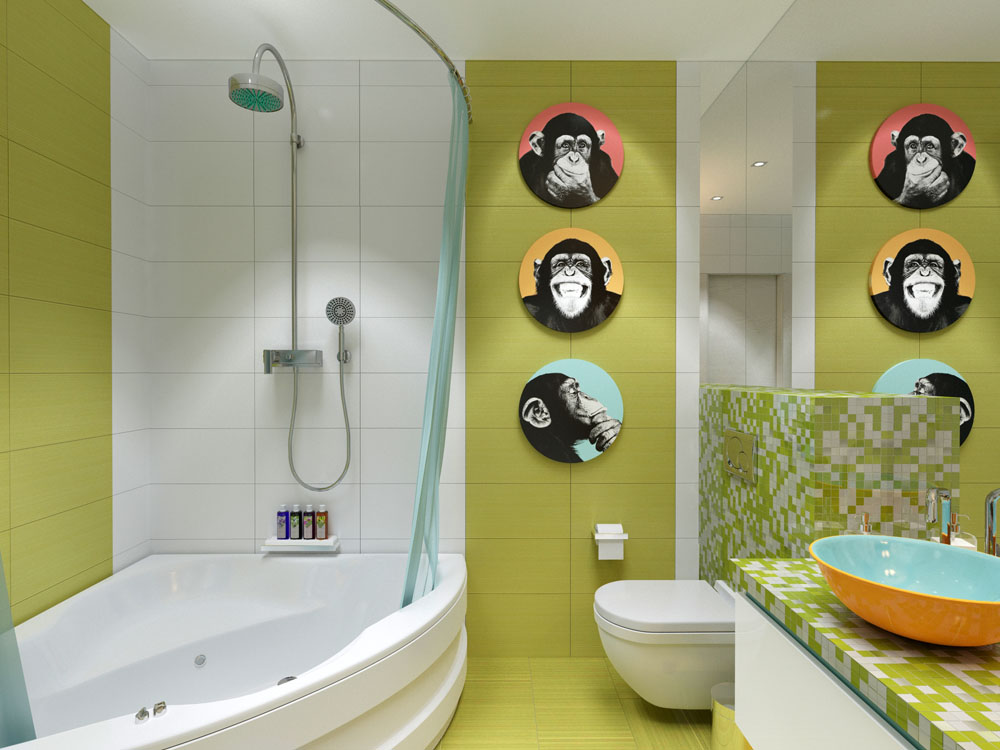 Attēli ar pērtiķiem uz vannas istabas sienas