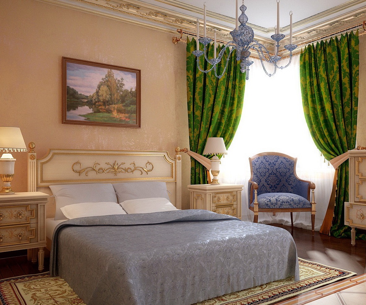 Camera da letto in stile classico con tende verdi