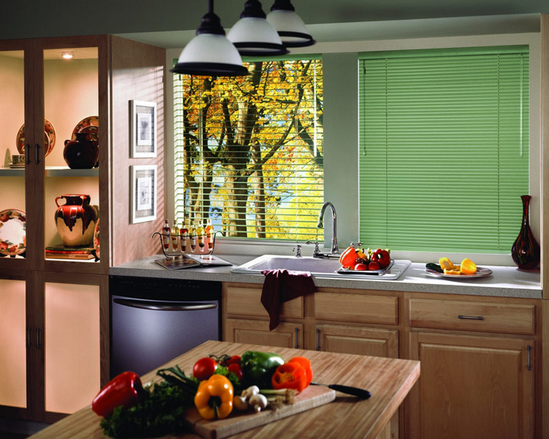 Light green blinds in the interior of the kitchen