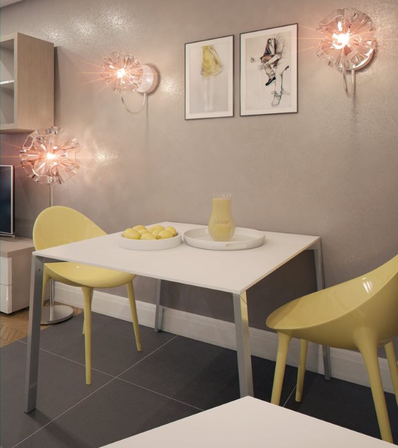 Dining area with yellow chairs