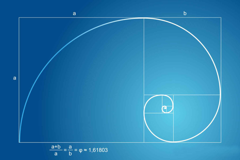 Golden ratio diagram on blue rectangle