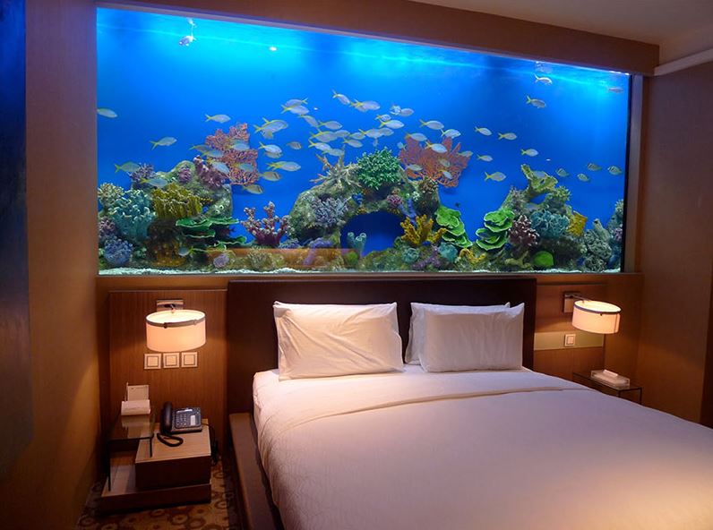 Grand aquarium à l'intérieur de la chambre