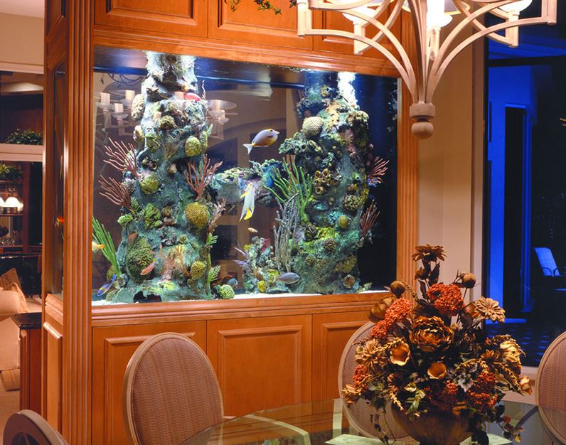 Cloison en bois avec aquarium et placards