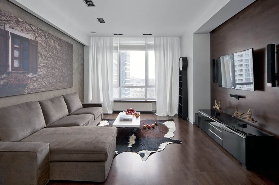 Het interieur van de woonkamer Chroesjtsjov in de stijl van minimalisme