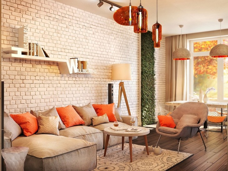 Smėlio spalvos plytų siena moderniame gyvenamajame kambaryje