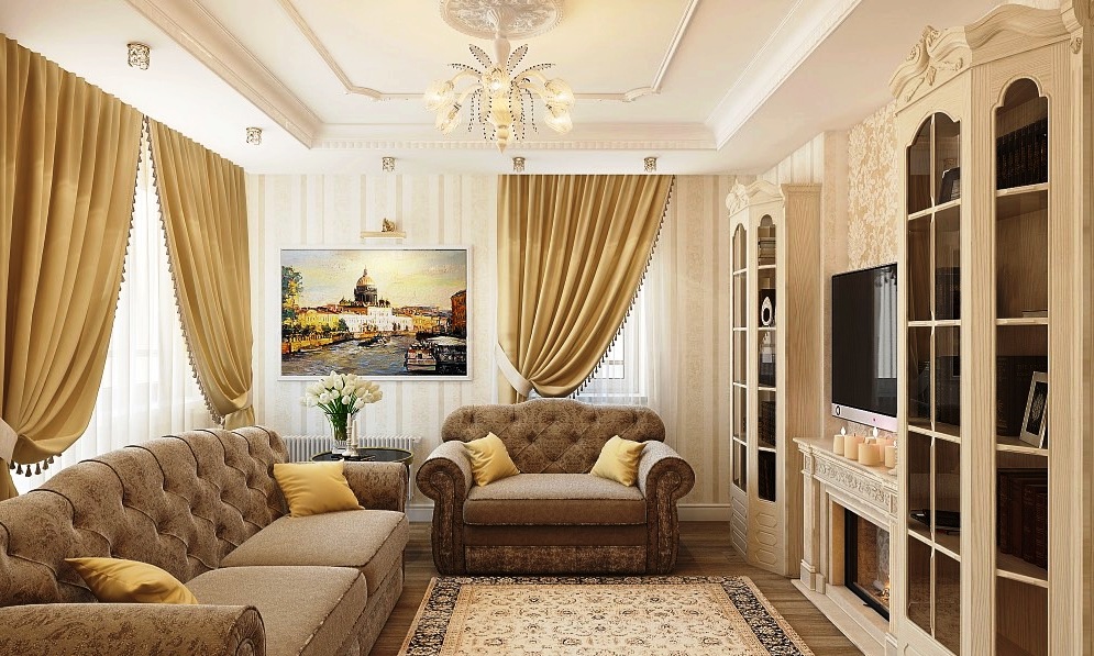 Klasiskās viesistabas interjers smilškrāsas toņos