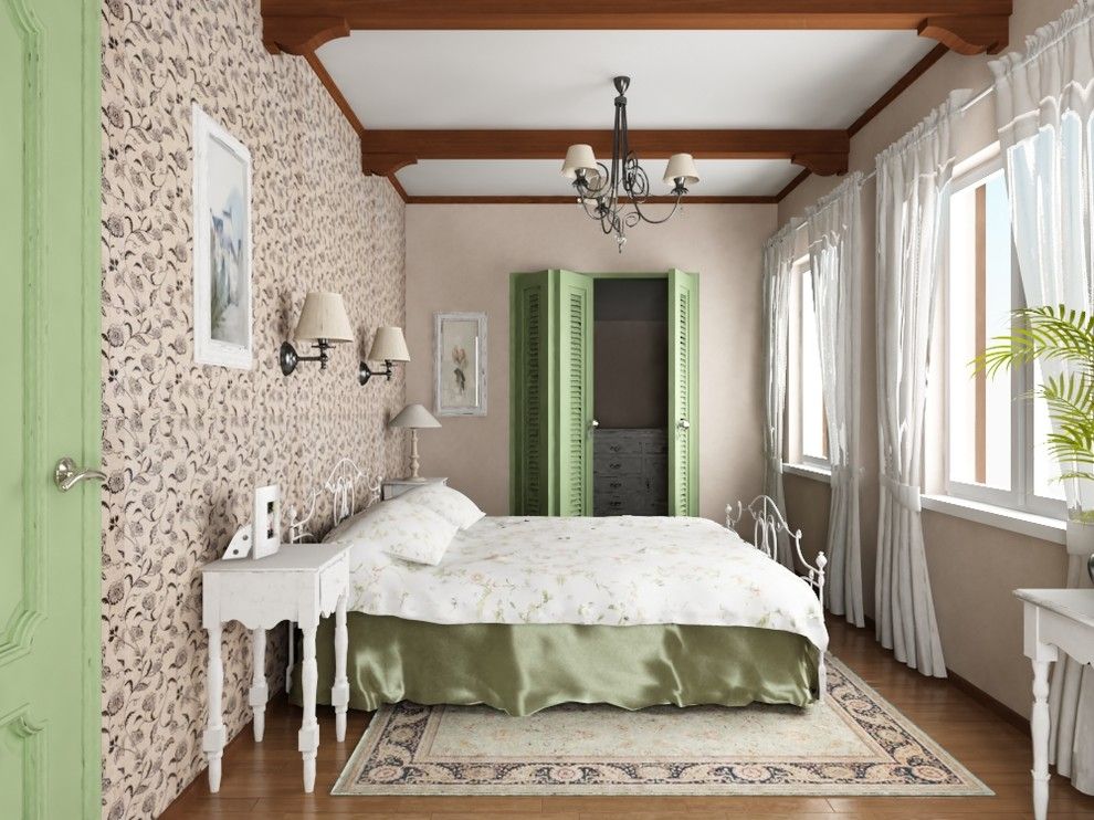 Lichte gordijnen voor de ramen van de slaapkamer in de stijl van de provence