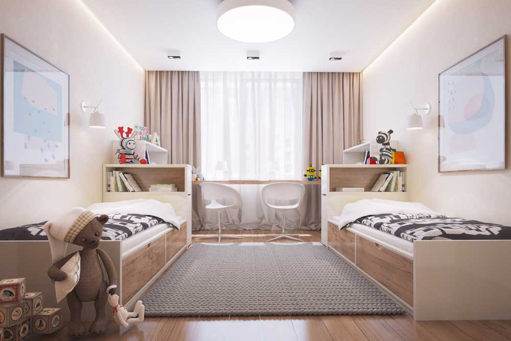 Chambre d'enfants de 14 m² avec deux lits