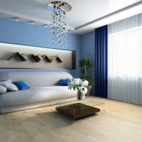 Mėlynos užuolaidos gyvenamojo kambario dizaine