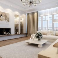Progettazione di un soggiorno bianco con pavimento marrone