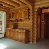 Complete kitchen in a log bath