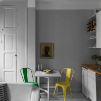 Bright chairs in the gray kitchen