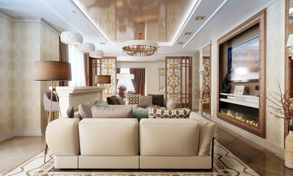Egy hosszúkás nappali belső tere a modern szecesszió stílusában