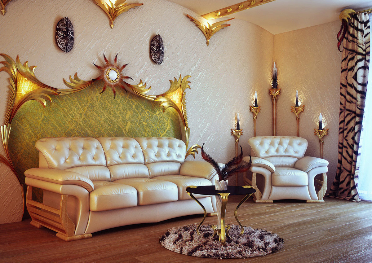 Auksinio Art Nouveau gyvenamojo kambario dekoras