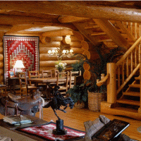 Intérieur d'une maison en bois avec un escalier