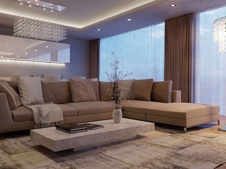 LED mennyezeti lámpák egy modern nappaliban