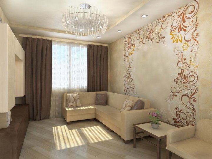 Interieur van een woonkamer van een paneelhuis in beige kleur