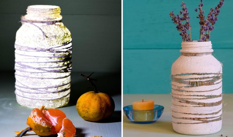 Doe-het-zelf decoratieve vaas uit een gewone glazen pot