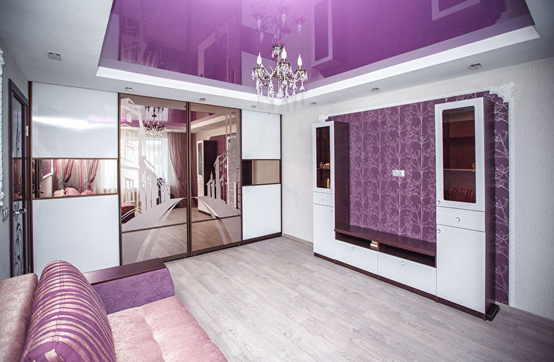 Stretch ceiling with glossy purple surface