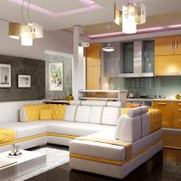 Stilīgas gaismas uz virtuves-viesistabas griestiem